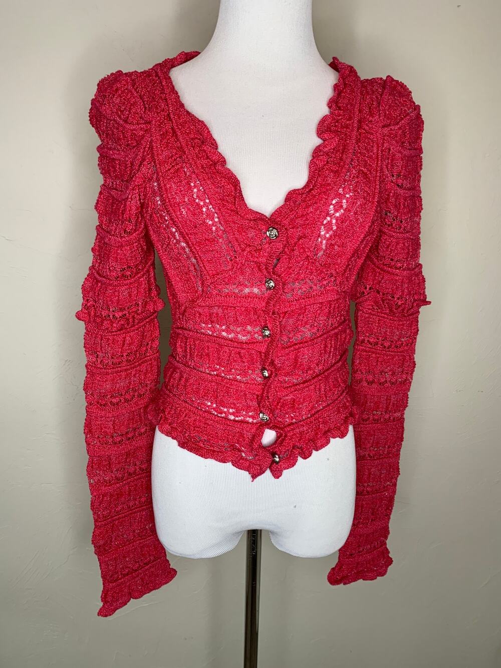 NWT Free People Boho Wild Roses Pink Ruffle Knit Cardigan Sweater Sz XS